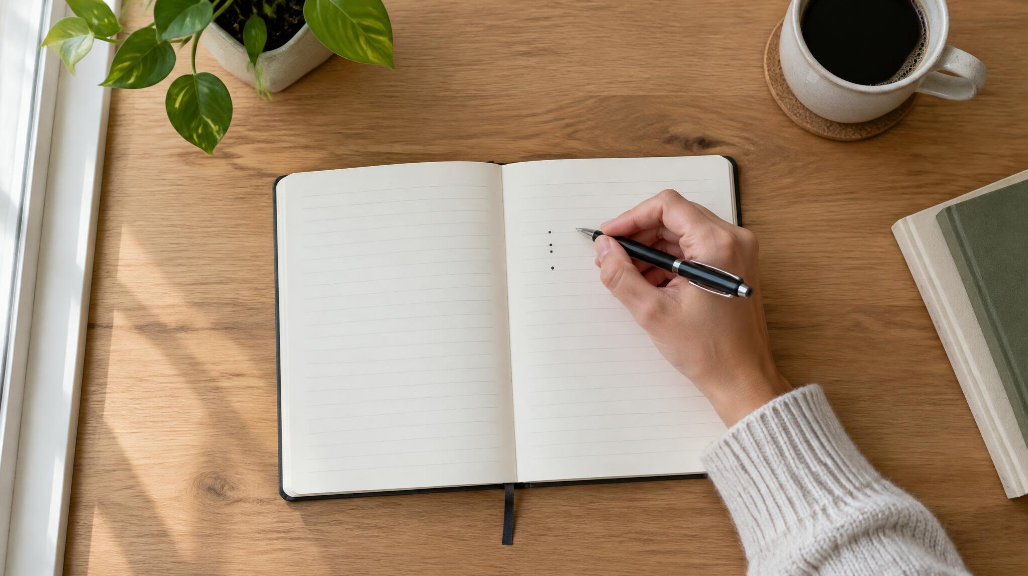 Hand writing in a notebook with a pen