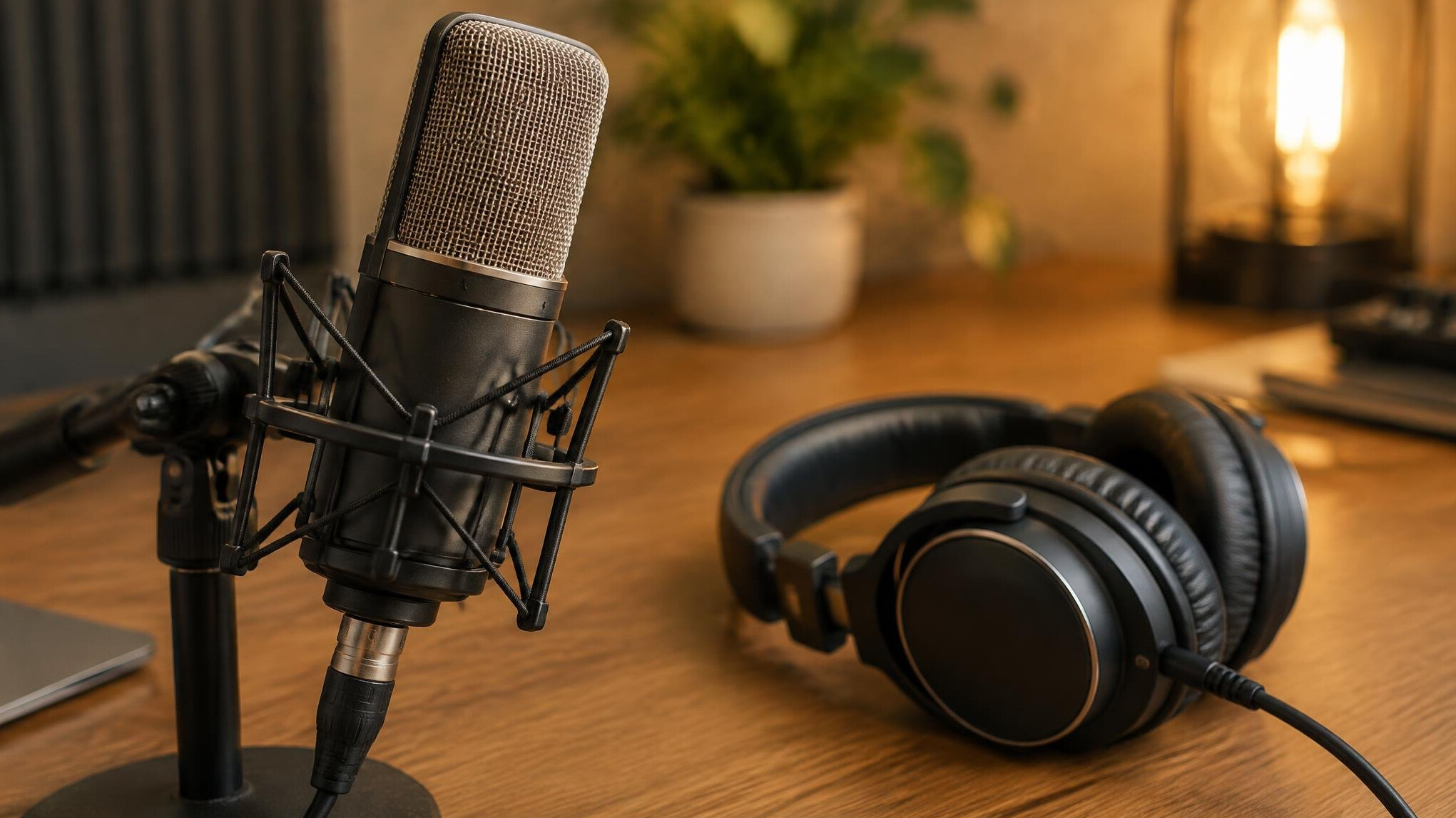 Studio microphone and headphones on a desk